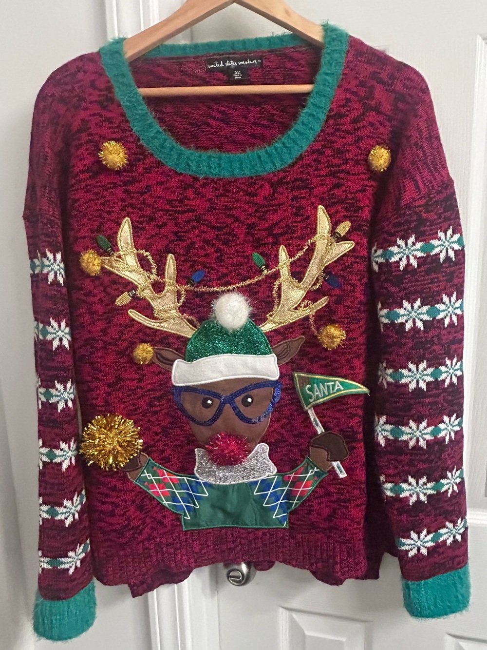 United States Sweaters XL Ugly Christmas Reindeer Sweater 3D Santa Antlers